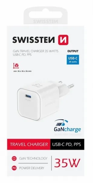 Swissten Travel charger 1x USB-C 35W PD, white