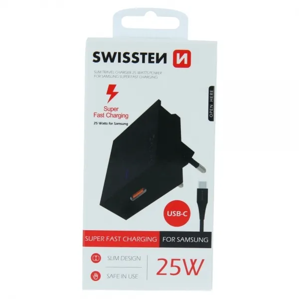 Swissten Travel charger for Samsung 25W, data cable USB-C/USB-C 1.2 M black